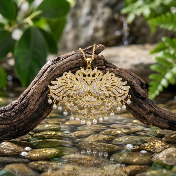 Intricate gold swan pendant resting on a branch