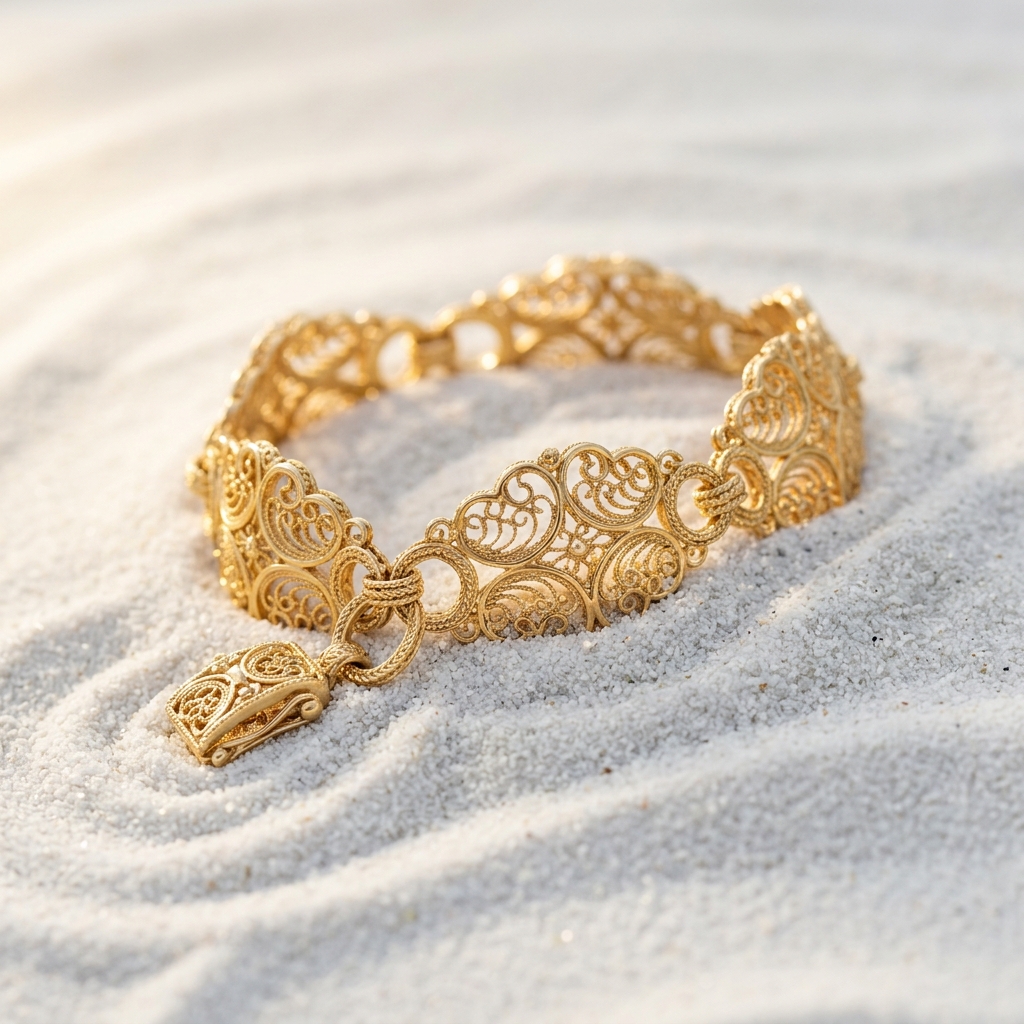 Luxury gold chain bracelet with filigree on white sand