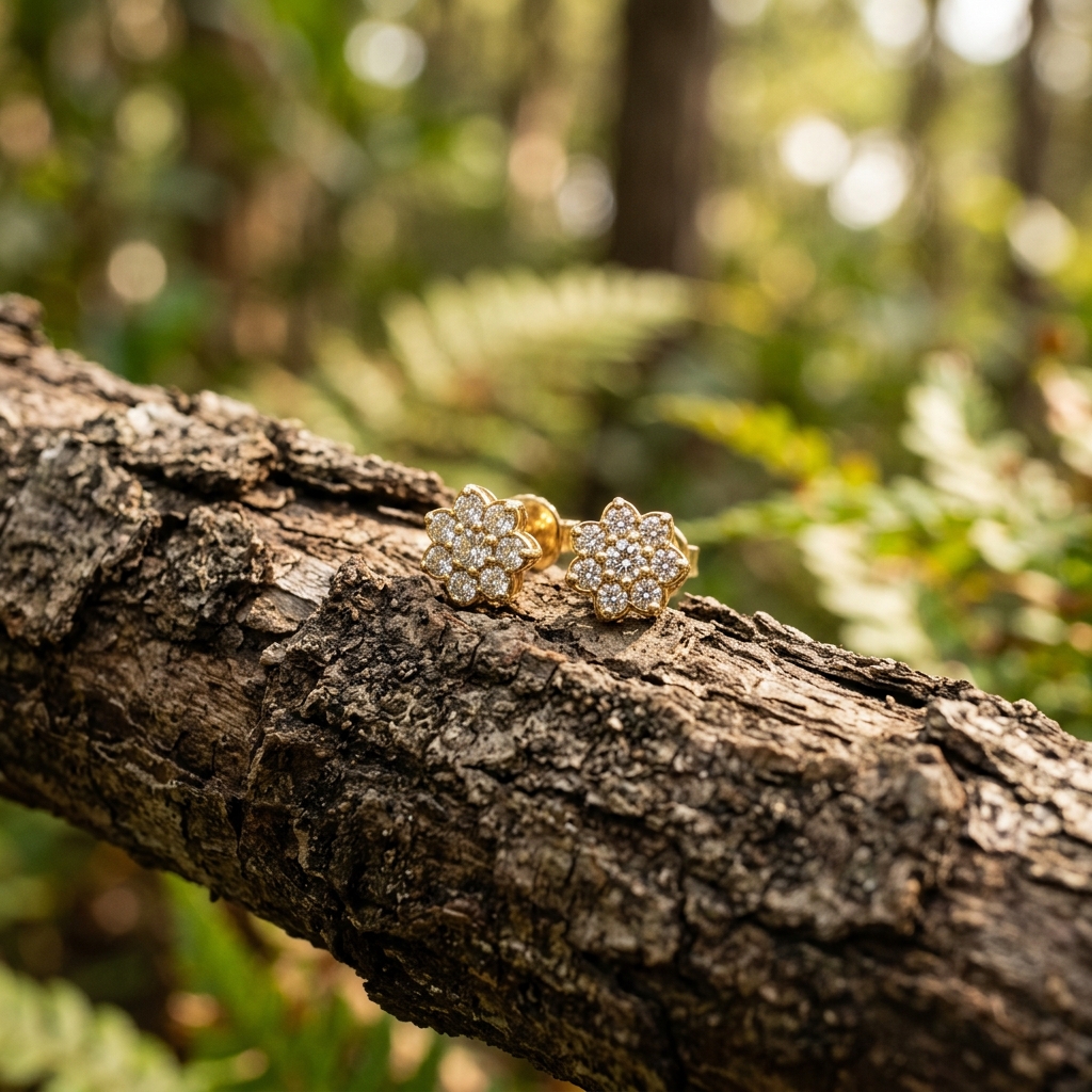 Gold stud earrings embedded with diamonds on bark
