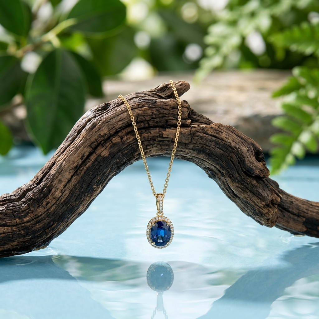 Delicate gold pendant necklace draped over a branch