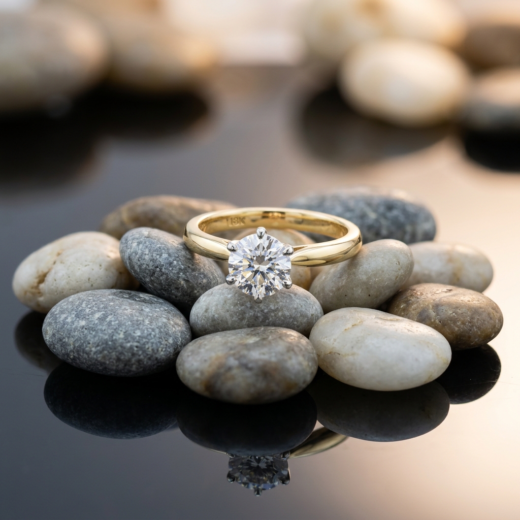 Solitaire diamond wedding ring on smooth river pebbles